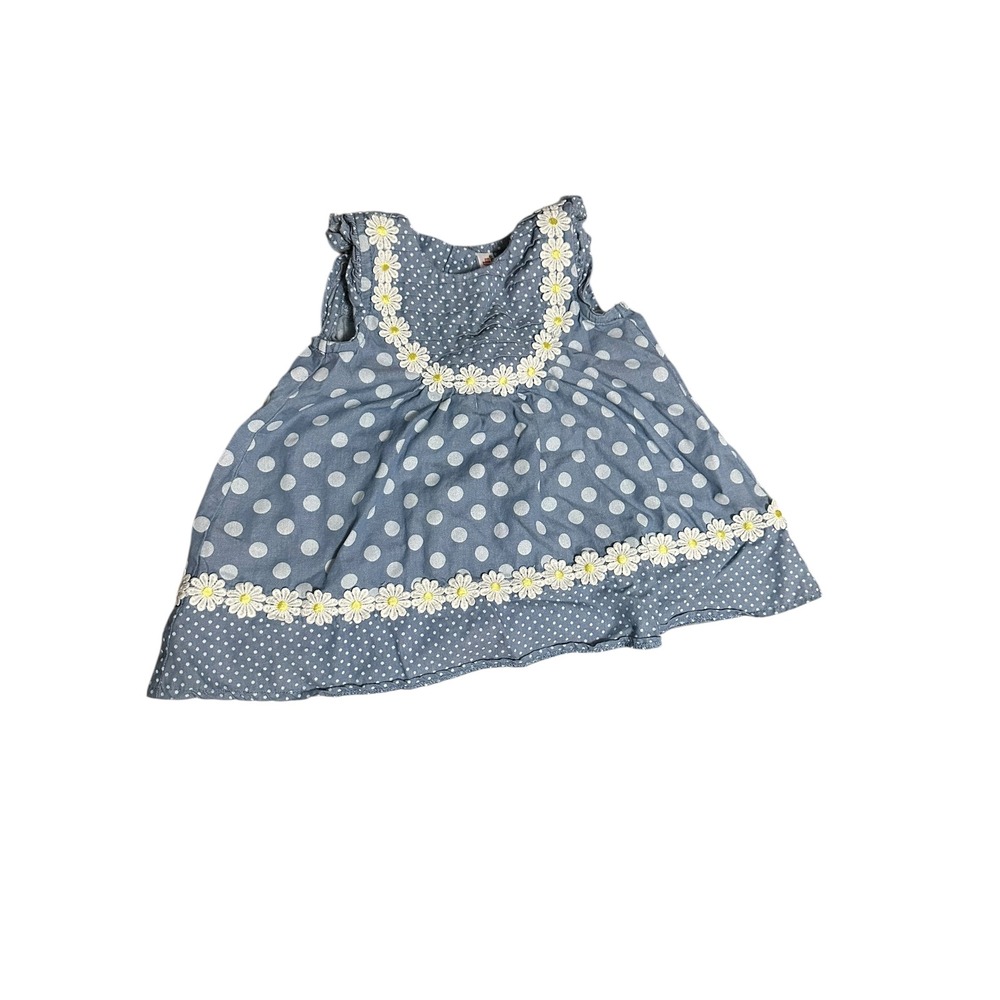 Baby Girl Blue Polka Dot Daisy Trim Dress‎ Size 3T Cotton Ruffles